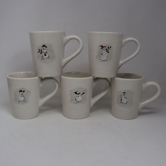 Williams Sonoma White Snowman Coffee Cups Holiday Christmas Winter Set of 5 - Picture 1 of 5